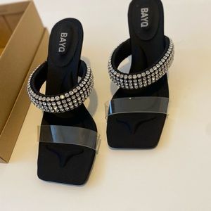 BAYQ black satin Diamanté heels 3.5 inch size 9